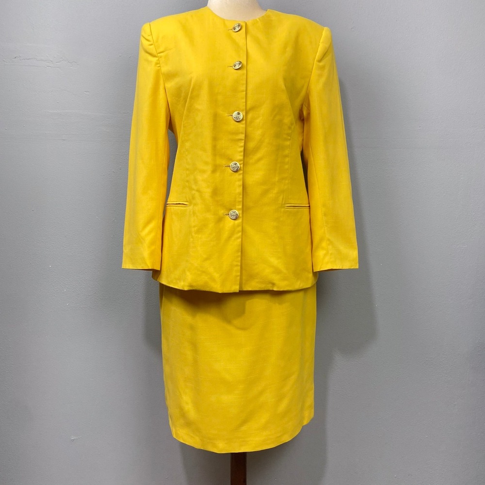 Morgan Miller Skirt Suit Women Size 18 Yellow Vintage Textured Button Front 2 Pc